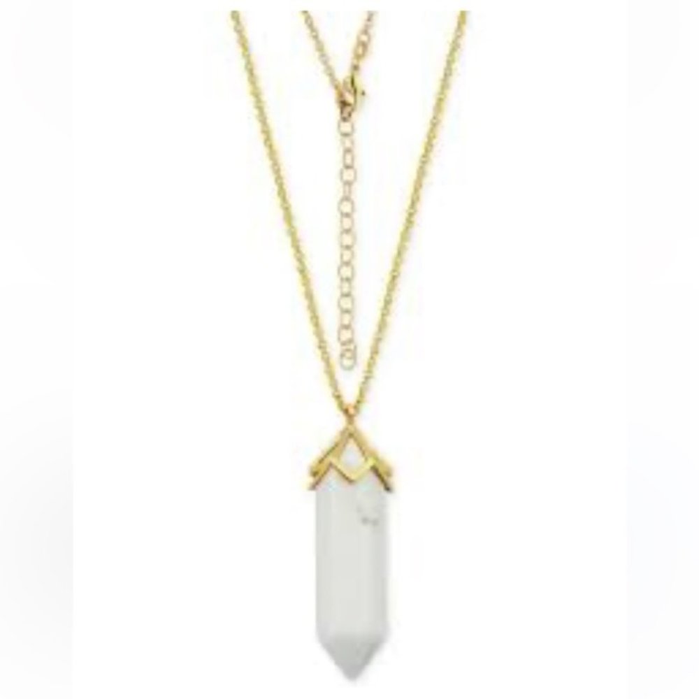 WHITE AGATE HEXAGONAL PENDULUM PENDANT 32” GOLD CHAIN NECKLACE OS